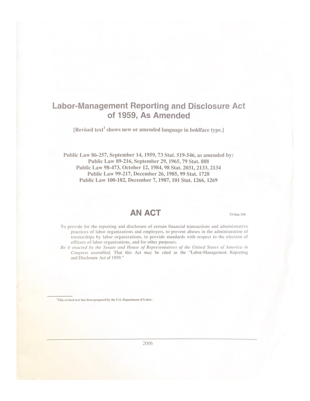 Labor-Management Reporting and Disclosure Act of 1959, As Amended
